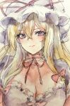  absurdres blonde_hair bow breasts cleavage dress frilled_dress frills hair_bow hat hat_ribbon highres kamu_kotan long_hair looking_at_viewer mob_cap neck_ribbon portrait purple_dress purple_eyes red_bow red_ribbon ribbon touhou traditional_media white_headwear yakumo_yukari 