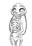  anthro clothed clothing costume dewlap_(anatomy) disney ears_down female hands_behind_back judy_hopps lagomorph leporid looking_at_viewer mammal panties pivoted_ears rabbit skeleton_bodypaint solo spoof_(artist) topless underwear zootopia 