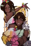  1boy 1girl back bare_shoulders breasts brother_and_sister carrying commentary commentary_request crop_top dark-skinned_female dark_skin feather_trim fire_emblem fire_emblem_engage fogado_(fire_emblem) hair_ornament highres jewelry lifted_by_another long_hair looking_at_viewer looking_back medium_breasts open_mouth parted_bangs seinikuten siblings smile star-shaped_pupils star_(symbol) symbol-shaped_pupils timerra_(fire_emblem) very_dark_skin 