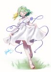  1girl 72mikan_1687 :d alternate_costume bare_shoulders blush bow closed_eyes clothes_pull collarbone commentary_request dress dress_pull full_body grass green_eyes hair_between_eyes hair_bow hairband happy heart heart_of_string highres komeiji_koishi medium_hair no_headwear open_mouth puffy_short_sleeves puffy_sleeves pulled_by_self sandals short_sleeves signature simple_background smile solo standing third_eye touhou wavy_hair white_background white_dress white_footwear yellow_bow yellow_hairband 