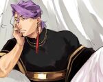  1boy black_shirt bored duryodhana_(fate) earrings facial_hair fate/grand_order fate_(series) goatee goatee_stubble hand_on_own_face indian_clothes jewelry looking_at_viewer looking_to_the_side male_focus margot_431 mature_male muscular muscular_male necklace purple_eyes purple_hair sash shirt short_hair single_earring upper_body 