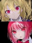  2girls absurdres arima_kana black_background blonde_hair blue_jacket bob_cut bow bowtie closed_mouth collared_shirt hair_between_eyes highres hoshino_ruby inverted_bob jacket long_hair multiple_girls nept_o one_side_up oshi_no_ko parted_lips pink_bow pink_bowtie pink_eyes red_eyes red_hair school_uniform shirt short_hair sidelocks simple_background star-shaped_pupils star_(symbol) symbol-shaped_pupils white_shirt youtou_high_school_uniform 