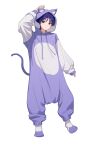  1boy absurdres animal_hood cat_hood cat_tail chabi009 closed_mouth full_body genshin_impact hair_between_eyes highres hood hoodie long_sleeves male_focus purple_eyes purple_hair purple_hoodie scaramouche_(genshin_impact) short_hair solo tail white_background 