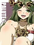  1girl armpit_crease bare_shoulders blush breasts character_name collarbone commentary dress eyelashes forehead_jewel green_eyes green_hair hair_ornament highres impossible_clothes jewelry kid_icarus kid_icarus_uprising knees_up large_breasts long_hair looking_at_viewer one_eye_closed open_mouth palutena parted_bangs purple_background shadow shiny_skin sidelocks solo strapless strapless_dress taka_p_(zelda27th) upper_body white_dress 