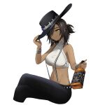  1girl absurdres black_headwear black_pants bottle bracelet breasts brown_hair closed_mouth clothing_cutout collarbone colt_walker_(girls&#039;_frontline) cowboy_hat cropped_legs crossed_legs dark-skinned_female dark_skin earrings fingernails girls&#039;_frontline green_eyes hair_over_one_eye hat hat_ornament hat_tip highres holding holding_bottle jack_daniel&#039;s jewelry korean_commentary large_breasts long_hair looking_down nail_polish navel nonoan_jp pants ponytail ring shirt simple_background smile solo stomach suspenders underboob underboob_cutout white_shirt yellow_nails 