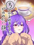  1girl ahoge alternate_costume blush brown_sweater coffee commentary_request cowlick crossed_bangs hair_between_eyes highres hiyoku_no_crosspiece imagining jyaco long_bangs multicolored_hair nanashi_inc. open_mouth purple_hair red_eyes saucer shisui_kiki sleeves_past_fingers sleeves_past_wrists smile sparkle streaked_hair sweater thought_bubble translation_request two-tone_hair upper_body virtual_youtuber white_hair 
