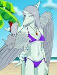  2023 amber_(snoot_game) anthro beach bikini bow_(feature) breasts child claws clothed clothing daughter_(lore) detailed_background digital_drawing_(artwork) digital_media_(artwork) dinosaur doomed_predator duo eyelashes eyes_closed fang_(gvh) feathered_wings feathers feet female fingers goodbye_volcano_high grey_body grey_scales hair hi_res jewelry long_hair mother_(lore) mother_and_child_(lore) mother_and_daughter_(lore) navel necklace outside parent_(lore) parent_and_child_(lore) parent_and_daughter_(lore) pterodactylus pterosaur reptile scales scalie sea seaside short_hair short_tail side-tie_bikini silver_hair skimpy skimpy_bikini smile snoot_game_(fan_game) snout string_bikini swimwear tail toe_claws toes under_boob water wings young 