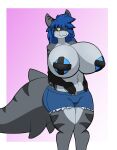  absurd_res anthro armwear big_breasts big_butt big_tail blue_hair bottomwear breasts butt clothed clothing elbow_gloves female firepawdacat_(artist) fish gloves grey_body hair hand_on_stomach handwear hi_res hotpants huge_breasts huge_tail long_hair marine mostly_nude nipple_tape pasties shark shark_tail shorts solo standing stripes tail tape thick_thighs topless topless_female yellow_eyes 