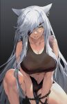  1girl alternate_costume animal_ears arknights bare_shoulders breasts cameltoe chain cleavage clenched_teeth covered_nipples drive_shot duke_of_windermere_(arknights) eyepatch feet_out_of_frame grey_hair highres large_breasts long_hair on_one_knee short_shorts shorts solo tank_top teeth torn_clothes torn_sleeves very_long_hair yellow_eyes 