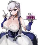  1girl absurdres apron azur_lane bare_shoulders belfast_(azur_lane) blue_eyes blush braid breasts cake chain choker cleavage closed_mouth collar collarbone cup dress elbow_gloves food french_braid frilled_apron frilled_gloves frills gloves hair_between_eyes highres holding jewelry large_breasts long_hair looking_at_viewer maid maid_apron maid_headdress open_mouth purple_eyes ribbon sasingoon simple_background smile solo very_long_hair waist_apron white_apron white_background white_dress white_gloves white_hair 