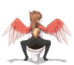  absurd_res anthro brown_hair feces female floofykinkumiho generation_1_pokemon hair hi_res nintendo pokemon pokemon_(species) rear_view scat soiling solo spearow toilet wings 