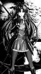  1girl bat_(animal) blunt_bangs bow coat curtained_hair dress eiyuu_densetsu english_commentary gloves hair_bow highres holding holding_scythe holding_weapon huge_weapon kuro_no_kiseki looking_at_viewer monochrome open_clothes open_coat renne_(eiyuu_densetsu) scythe solo thighhighs weapon zeeta_no_kiseki 
