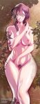  1girl absurdres armor assertive_female black_hair breastplate breasts commission commissioner_upload completely_nude female_pubic_hair fire_emblem fire_emblem:_genealogy_of_the_holy_war fire_emblem_heroes highres hugging_object larcei_(fire_emblem) lying nipples nude pubic_hair shoulder_armor smile smug solo thighs tomboy tomorrowsjoker weapon 