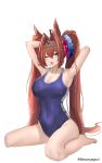  1girl absurdres alternate_costume animal_ears antenna_hair armpits arms_up baozouyeguai bare_shoulders barefoot blue_one-piece_swimsuit blush bow breasts cleavage commentary_request covered_navel daiwa_scarlet_(umamusume) fang hair_between_eyes hair_bow hair_intakes hair_ornament highres horse_ears horse_girl horse_tail large_breasts long_hair looking_at_viewer one-piece_swimsuit one_eye_closed open_mouth red_bow red_eyes red_hair school_swimsuit simple_background sitting skin_fang solo swimsuit tail tiara twintails twitter_username umamusume very_long_hair wariza wet white_background 