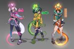  3girls black_gloves black_pantyhose blue_eyes brown_hair chameleon_girl chameleon_tail character_name closed_mouth concept_art english_commentary fingernails full_body gloves green_eyes green_gloves green_hair grey_hair grey_shorts hair_between_eyes headphones highres hood hoodie jacket league_of_legends long_hair looking_at_viewer looking_to_the_side multicolored_clothes multicolored_hair multicolored_jacket multiple_girls multiple_persona nail_polish neeko_(league_of_legends) official_alternate_costume official_alternate_hairstyle official_art orange_hair pantyhose pink_hair shadow short_hair shorts simple_background streaked_hair street_demon_neeko tail thesweetesttart_(wyrmforge) white_hair 