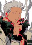  1boy bara cigar facial_hair fur-trimmed_jacket fur_trim highres jacket kabane_(rjev8385) looking_at_viewer male_focus mature_male muscular muscular_male one_piece red_eyes short_hair sideburns smoke smoker_(one_piece) smoking solo white_background white_hair white_jacket 