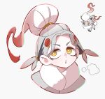  1girl 1other breath donuttypd grey_background grey_hair hair_ornament hisuian_zorua long_hair looking_away looking_up multicolored_hair open_mouth pokemon pokemon_(game) pokemon_legends:_arceus ponytail red_hair white_hair yellow_eyes zorua 