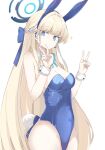  1girl blonde_hair blue_archive blue_eyes blue_leotard double_v hair_ornament halo highres leotard looking_at_viewer official_alternate_costume official_alternate_hairstyle playboy_bunny preste rabbit_hair_ornament solo toki_(blue_archive) toki_(bunny)_(blue_archive) v 