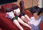  3girls ahoge animal_ears ass bed bedroom black_hair brown_hair highres indie_virtual_youtuber karma_(vtuber) lying mana_(manasenshou) meica_(vtuber) multiple_girls on_bed on_stomach owozu raccoon_ears raccoon_girl raccoon_tail rakkun_sutaru selfie shirt tail twitter_username virtual_youtuber white_shirt yellow_eyes 