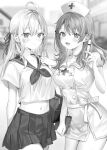  2girls :d absurdres ahoge alisa_mikhailovna_kujou bag blurry blurry_background closed_mouth collarbone cylinder hair_between_eyes hair_ribbon hat highres looking_at_viewer mariya_mikhailovna_kujou medium_hair momoko_(momopoco) monochrome multiple_girls navel novel_illustration nurse nurse_cap official_art open_mouth pleated_skirt ribbon sailor_collar sailor_shirt school_bag school_uniform shirt short_sleeves shoulder_bag siblings sidelocks sisters skirt smile tokidoki_bosotto_roshia-go_de_dereru_tonari_no_arya-san 