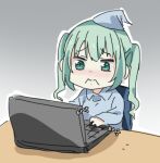  1girl at_computer bad_id bad_pixiv_id blue_pajamas blush chair computer frown girls&#039;_frontline gradient_background green_eyes green_hair grey_background hat korean_text laptop lowres micro_uzi_(girls&#039;_frontline) nightcap pajamas sidarim simple_background sitting solo sound_effects table typing wavy_eyes wavy_mouth 
