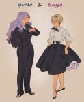  1boy 1girl ai-wa black_footwear black_jacket black_neckerchief black_pants black_skirt blonde_hair blue_necktie breasts brother_and_sister camilla_(fire_emblem) closed_eyes commentary crossdressing english_commentary english_text facing_another fire_emblem fire_emblem_fates full_body grey_hair hairband hand_in_pocket hand_up highres jacket leo_(fire_emblem) long_hair long_sleeves neckerchief necktie open_mouth otoko_no_ko pants parody petticoat profile puffy_sleeves purple_hair role_reversal shirt shoes short_hair siblings simple_background skirt skirt_hold sleeves_past_elbows smile standing white_shirt 