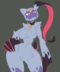  anthro breasts clawed_fingers claws collar collar_only female fur gem generation_8_pokemon grey_body grey_fur hi_res imric1251 navel nintendo nude pokemon pokemon_(species) purple_face red_eyes smile sneasler solo thick_thighs 