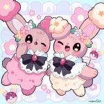  arms_at_sides artist_name blush bow bowtie buneary capelet clothed_pokemon doughnut floral_print flower food frills full_body hand_up mochopaccho one_eye_closed open_mouth pokemon pokemon_(creature) smile standing standing_on_one_leg 