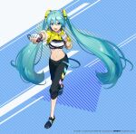  1girl aqua_eyes aqua_hair aqua_nails bare_shoulders black_footwear black_pants blue_background boxing clenched_hands clothing_cutout commentary cropped_jacket crypton_future_media fingerless_gloves fitness_boxing foreshortening full_body gloves hair_ornament handheld_game_console hatsune_miku holding holding_handheld_game_console iwato1712 jacket lanyard light_smile long_hair midriff nail_polish navel nintendo_switch official_art open_mouth outstretched_arm pants piapro shoulder_cutout solo sports_bra standing standing_on_one_leg striped striped_background track_pants twintails v-shaped_eyebrows very_long_hair white_gloves yellow_jacket 