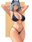  1girl absurdres armpits arms_behind_head arms_up bare_arms bare_shoulders bikini blue_bikini breasts collarbone commentary cowboy_shot distr grey_eyes grey_hair groin hair_ornament hanya_(honkai:_star_rail) highres honkai:_star_rail honkai_(series) large_breasts looking_at_viewer navel parted_lips short_hair solo standing stomach swimsuit thighs 