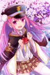  1girl akausagi ascot black_cape black_headwear blurry blurry_background brown_skirt cape cherry_blossoms clenched_hands commentary_request cowboy_shot double_bun eyelashes falling_petals female_child floating_hair hair_between_eyes hair_bun hands_up happy hat heaven_burns_red highres kunimi_tama long_hair long_sleeves looking_at_viewer military_hat miniskirt petals pink_eyes pink_hair plaid plaid_skirt pleated_skirt red_ascot shirt sidelocks skirt solo straight_hair thighhighs very_long_hair white_shirt white_thighhighs wide_sleeves zettai_ryouiki 