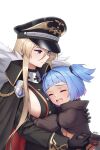  2girls absurdres azur_lane bismarck_(azur_lane) bismarck_(coat_of_arms) bismarck_zwei_(azur_lane) blue_hair breasts brown_jacket cape closed_eyes coat_of_arms cross fur-trimmed_cape fur_trim hat highres imperial_german_flag iron_blood_(emblem) iron_cross jacket large_breasts military_hat multiple_girls peaked_cap tears u-556_(azur_lane) white_background whitter 