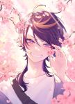  1boy absurdres ahoge black_hair blonde_hair blurry blurry_background blurry_foreground blush branch cardigan cherry_blossoms commentary english_commentary eyelashes falling_petals fingernails flower grin hair_between_eyes hand_up highres holding holding_flower light_particles light_rays long_fingernails long_hair looking_at_viewer male_focus mochigome_(yum) multicolored_hair nail_polish nijisanji nijisanji_en off_shoulder open_cardigan open_clothes parted_bangs petals pink_flower pink_hair purple_cardigan purple_eyes purple_hair red_nails shirt shu_yamino sidelocks smile solo streaked_hair swept_bangs teeth upper_body v-shaped_eyebrows virtual_youtuber white_shirt 