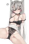  1girl amatsukaze_(kancolle) black_bra black_choker black_panties blush bra breasts chigasaki_yukari choker commentary_request grey_hair hair_between_eyes hair_ornament hairclip highres kantai_collection long_hair looking_at_viewer medium_breasts nipples off_shoulder one_breast_out orange_eyes panties simple_background solo spread_legs squiggle sweat two_side_up underwear white_background 