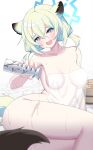  1girl absurdres animal_ears blue_archive blue_halo bottle green_eyes halo highres holding holding_bottle looking_at_viewer naked_towel otakummm purple_eyes shigure_(blue_archive) short_hair smile solo tail towel wet 