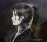  1boy black_hair black_robe blue_eyes check_copyright close-up commentary_request copyright_request dark_background dated light_smile male_focus medium_hair original oyari_ashito pale_skin ponytail profile robe signature sketch solo 