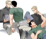  2boys albert_wesker bara black_hair black_shirt blonde_hair blue_pants book chris_redfield glasses green_shirt grey_pants holding holding_book large_pectorals looking_at_another lying lying_on_person male_focus multiple_boys muscular muscular_male on_back open_book open_mouth pants pectorals reading resident_evil resident_evil_1 shirt short_hair simple_background smile tatsumi_(psmhbpiuczn) white_background 