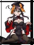  1girl absurdres alternate_costume black_hair black_thighhighs blue_nails breasts brown_eyes china_dress chinese_clothes cleavage cleavage_cutout clothing_cutout dress gertrud_barkhorn halloween_costume hat highres jiangshi large_breasts low_twintails nail_polish ofuda outstretched_arms qing_guanmao sitting solo squiggle strike_witches thighhighs tokiani twintails wariza world_witches_series zombie_pose 