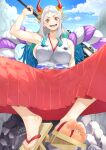  1girl absurdres aqua_hair arm_up armpits blue_hair blush breasts cleavage club_(weapon) dorsiflexion earrings feet forehead foreshortening geta gradient_hair grey_hair hakama hakama_skirt highres holding horns japanese_clothes jewelry kimono large_breasts long_hair mbr90munouk multicolored_hair multicolored_horns one_piece open_mouth orange_eyes orange_horns outdoors parted_bangs red_hakama red_horns sandals shadow sideless_outfit signature sitting skirt sleeveless sleeveless_kimono solo toenails toes twitter_username upper_body weapon yamato_(one_piece) yellow_horns 