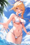  1girl :d absurdres arayuki_(sakurafubuki) bikini blonde_hair blue_ribbon blue_sky blush breast_tattoo breasts cloud collarbone day genshin_impact hair_ribbon highres large_breasts long_hair looking_at_viewer navel open_mouth outdoors partially_submerged red_eyes ribbon short_hair sky smile solo swimsuit tattoo teeth upper_teeth_only wet white_bikini yoimiya_(genshin_impact) 