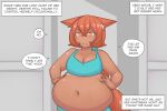  animal_humanoid belly big_belly big_breasts bottomwear breasts canid canid_humanoid canine canine_humanoid cleavage clothed clothing comic dark_body dark_skin dialogue female fox_humanoid hair humanoid inner_monologue mammal mammal_humanoid navel orange_eyes orange_hair overweight overweight_female overweight_humanoid pixiveo solo speech_bubble tail text topwear zina_(pixiveo) 