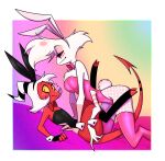  angel_dust anthro arachnid arthropod blush bow_tie bunny_costume clothed clothing costume demon digital_media_(artwork) duo fishnet fur hair hazbin_hotel helluva_boss hi_res imp junefallstar looking_at_viewer male male/male moxxie_(helluva_boss) multi_arm multi_limb red_body simple_background size_difference smile spider thick_thighs white_body white_fur white_hair 