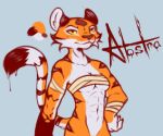  anthro bandage bra breasts clothed clothing digital_media_(artwork) felid female fingers front_view fur ink looking_at_viewer mammal midriff muscular muscular_anthro orange_body orange_fur simple_background solo tail underwear white_body white_fur yellow_eyes 