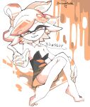  1girl absurdres barefoot breasts detached_collar earrings finger_gun gloves half-closed_eyes hand_on_own_leg highres jewelry knees_together_feet_apart looking_at_viewer marie_(splatoon) mocamocaink orange_theme oversized_breast_cup pointing pointing_at_viewer pointy_ears signature simple_background sitting sleeveless small_breasts smirk splatoon_(series) splatter_background tentacle_hair twitter_username 