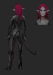  2019 akrolayn alien anthro armor biped bust_portrait digital_media_(artwork) digital_painting_(artwork) female front_view full-length_portrait grey_armor grey_background grey_body grey_skin magenta_hair model_sheet portrait rear_view simple_background solo standing unfinished valetta_(akrolayn) 