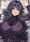  1girl :d @_@ absurdres ahoge alternate_breast_size arm_up black_hair black_shirt blush breasts commentary_request covered_nipples curly_hair dress from_above hairband hand_up hex_maniac_(pokemon) highres huge_breasts long_hair long_sleeves lying on_back open_mouth parapetto pillow pillow_grab pokemon pokemon_(game) pokemon_xy purple_eyes raised_eyebrows ribbed_shirt shirt smile solo upper_body 