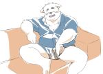  2023 anthro blush canid canine canis clothing domestic_dog eyes_closed furniture hi_res inunoshippo kemono male mammal overweight overweight_male shirt sitting sofa solo topwear underwear 