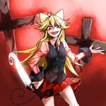  1girl :d animal_ears black_nails black_necktie black_vest blonde_hair breasts buttons collared_shirt commentary cowboy_shot cross crucifix evil_smile eyes_visible_through_hair fangs fingernails hair_between_eyes hand_on_own_hip holding holding_knife holding_weapon karadborg knife long_hair long_sleeves looking_at_viewer medium_breasts miniskirt moge-ko mogeko_castle necktie open_hand open_mouth pleated_skirt red_background red_eyes red_skirt shirt sidelocks simple_background skirt slit_pupils smile solo standing tail very_long_hair vest weapon 