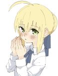  1girl ahoge artoria_pendragon_(fate) blonde_hair blue_ribbon blush collared_shirt expressionless fate/stay_night fate_(series) green_eyes hair_bun hair_ribbon highres long_sleeves looking_at_viewer neck_ribbon own_hands_together parted_lips ribbon saber shirt sidelocks simple_background sketch solo tenoo12 upper_body white_background white_shirt 