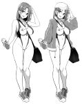  1girl bag baseball_cap between_breasts blush bottle breasts collarbone competition_swimsuit covered_navel grey_hair grey_jacket greyscale hat highres holding holding_bottle jacket kekemotsu large_breasts long_hair monochrome multiple_persona one-piece_swimsuit open_mouth original shoes shoulder_bag simple_background smile sneakers standing strap_between_breasts swimsuit thigh_gap water_bottle white_background wide_hips 